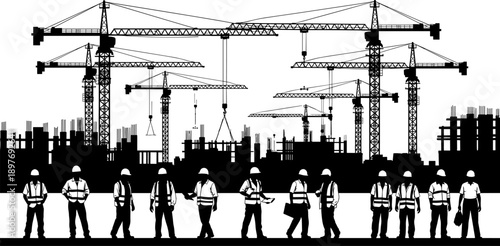Construction workers silhouettes at large urban building site with tower cranes, industrial skyline, teamwork concept, infrastructure development, engineering progress, modern city growth project