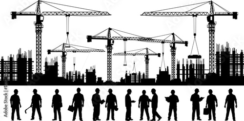 Construction workers silhouettes with tower cranes and urban skyline, building site teamwork concept, heavy industry and civil engineering development, 