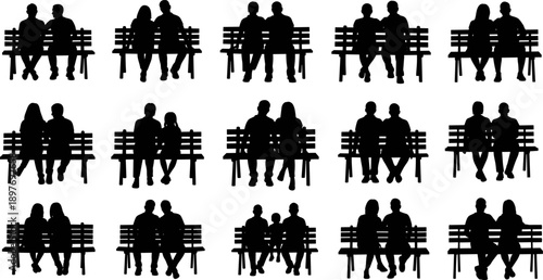 Couple silhouettes sitting on park benches, romantic relationship and companionship concept, people together in love, isolated black figures collection for lifestyle and romance design