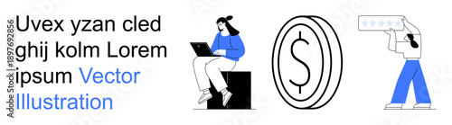 Finance, digital economy, remote work, feedback evaluation, e-commerce, monetary systems. Woman on laptop, dollar coin person rating a service. Finance and remote work concepts