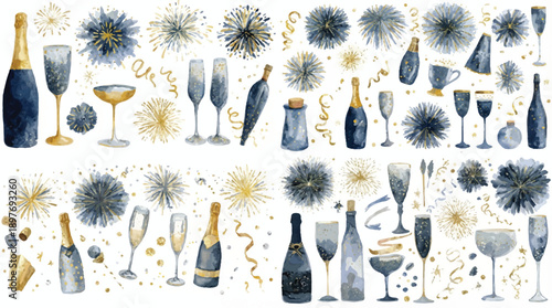 Elegant blue and gold celebratory elements, abstract shapes and confetti for festive design