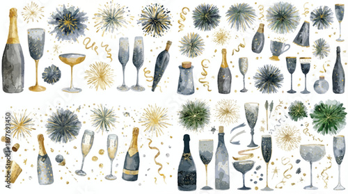 Stylish gray and gold festive elements, abstract patterns and scattered confetti for formal occasions