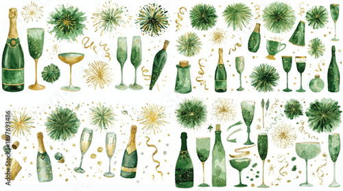 Vibrant green and gold celebratory elements, abstract shapes and confetti for festive occasions