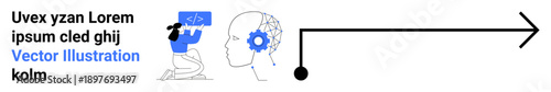 Artificial intelligence, neural networks, cognition, data processing, technological flow, innovation. A brain with gear and data imagery connected to an arrow. AI and neural networks concept