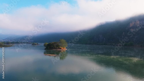 Aerial Jiangnan Bao Wetland Tonglu Hangzhou China - Misty Mountain Lake