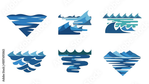 Abstract Water Wave Icons Set, Blue Ocean Sea Surface Designs, Vector Art