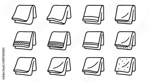 Set of 12 stylized folded towels in monochrome line art, showcasing neatness for hospitality