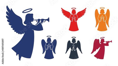 Angel Silhouettes Blowing Trumpets with Halos - Set of 7
