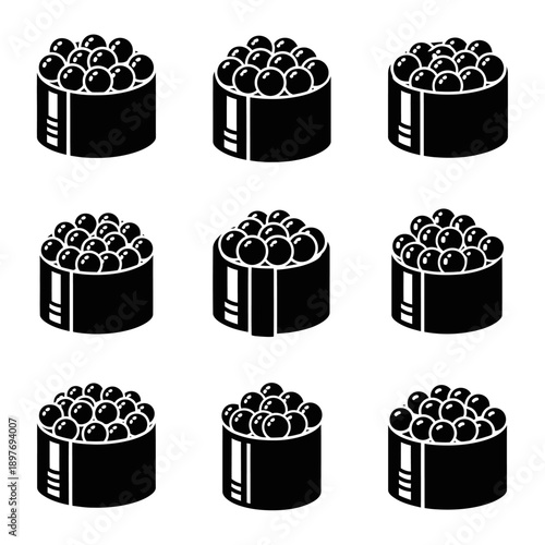 Black Caviar Sushi Rolls Icons Set