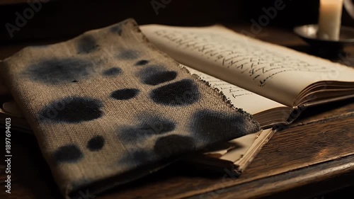 Mysterious Stained Cloth and Open Old Handwritten Ledger on Desk
