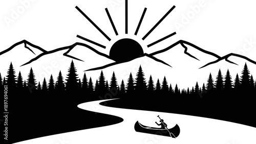 Canoeing at Sunrise in Majestic Mountains with Pine Forest and Winding River