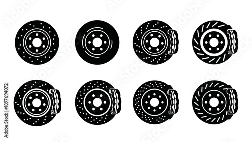 Car Brake Disc and Caliper Icons Set, Automotive Performance Parts, Vector Illustration