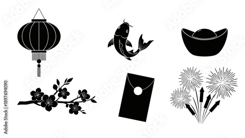 Chinese New Year Icons: Lantern, Koi Fish, Gold Ingot, Blossom, Red Envelope, Fireworks
