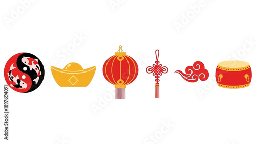Chinese New Year Icons: Yin Yang, Gold Ingot, Lantern, Knot, Cloud, Drum