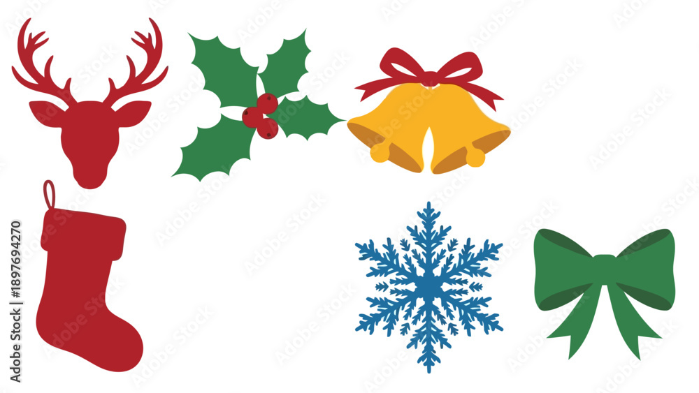 Obraz premium Christmas Icons Set: Reindeer, Holly, Bells, Stocking, Snowflake, Bow