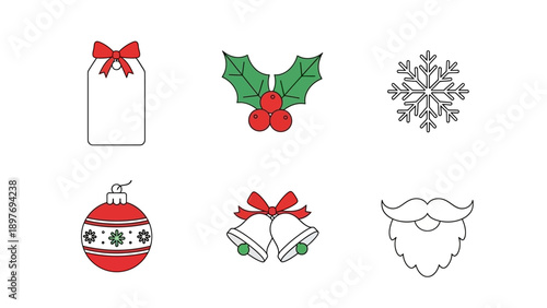 Christmas Icons Set: Gift Tag, Holly, Snowflake, Bauble, Bells, Santa Beard