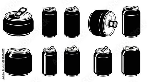Collection of Black Soda Cans, Beverage Containers, Drink Packaging, Refreshment