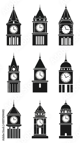Collection of Clock Tower Icons: Big Ben, Westminster, and Classic Tower Designs
