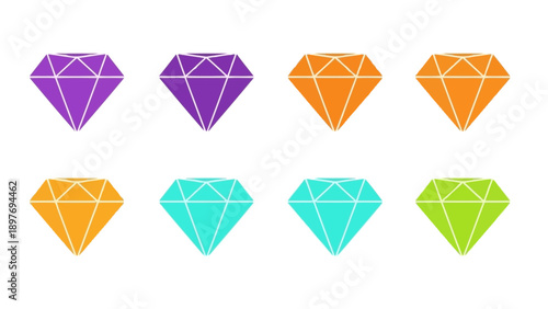 Collection of colorful faceted gemstones, purple, orange, turquoise, and green diamonds on white background