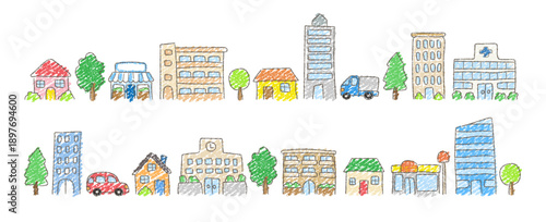 クレヨン風手描きタッチの街並みベクター背景｜子ども向けやさしいタッチ