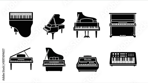 Collection of Piano Silhouettes: Grand, Upright, and Keyboard Instruments