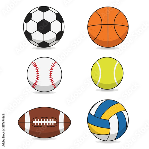 Collection of Six Different Sports Balls Isolated on White Background