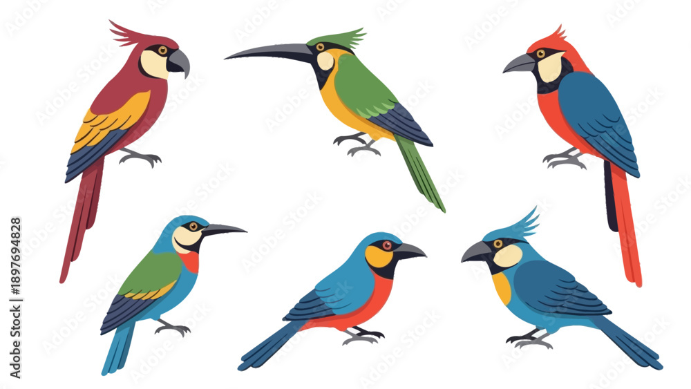 Naklejka premium Colorful Exotic Birds Collection: Parrots, Toucans, and Kingfishers