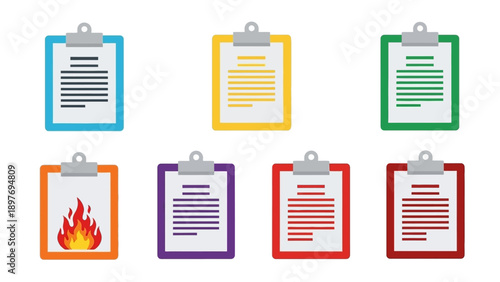 Colorful clipboards with documents and fire icon, office supplies, business concept