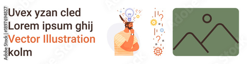 Innovation, brainstorming, creativity, design thinking, problem-solving, decision-making. A man with symbols above his head, abstract ideas around. Innovation and brainstorming visual concept