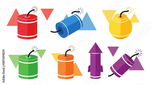 Colorful Fireworks and Party Poppers Collection on Geometric Background