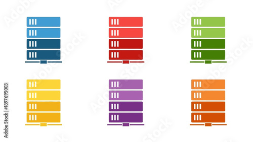Colorful Server Racks Icons Set, Data Center Technology, Cloud Computing, Network Storage