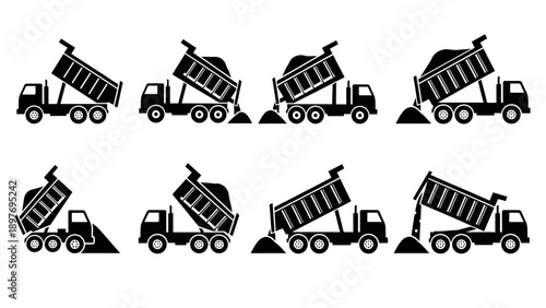 Dump Truck Unloading Sand: Sequence of Icons for Construction and Logistics