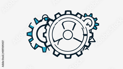 Interconnected gears symbolizing technology and innovation in a mechanical system from a front viewpoint
