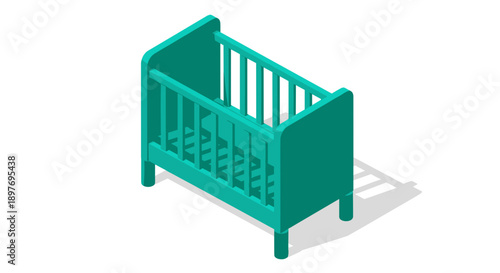 Green Baby Crib with Vertical Slats.