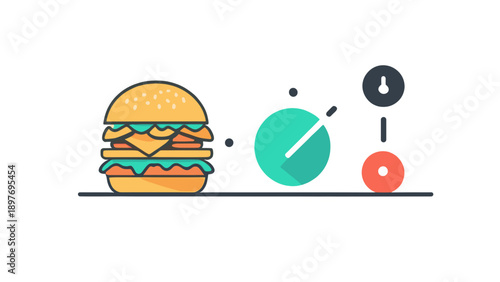A balanced scale comparing a burger to a pie chart and temperature icon