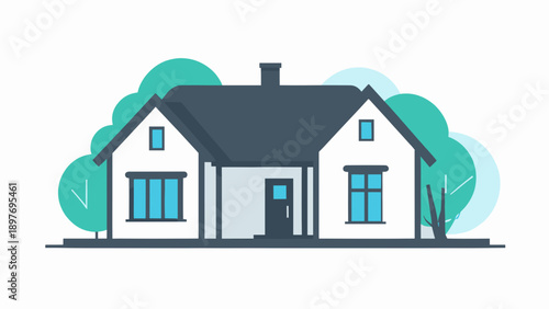 A modern house with a dark roof and blue windows stands in front of trees and a small shrub from a frontal viewpoint