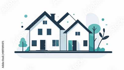 Illustration of Modern Houses with Trees and Greenery in a Serene Neighborhood Landscape
