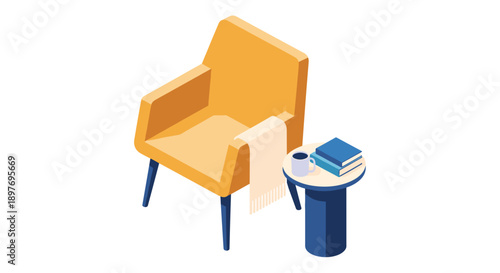 Yellow Armchair with Books on Side Table.