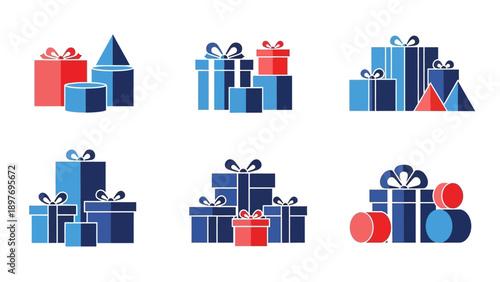 Gift Boxes and Geometric Shapes Icon Set: Blue, Red, and White