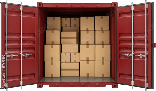 Open red shipping container with numerous stacked cardboard boxes inside ready for transport and logistics cargo freight delivery goods storage trade import export warehouse