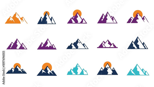 Mountain Icons Set: Diverse Peaks, Sun, and Colors for Adventure & Nature Themes