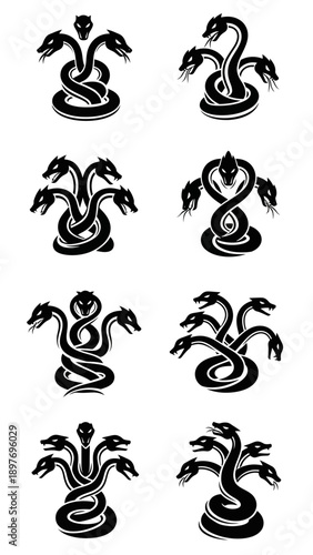 Mythical Hydra Monster Icons Set, Multi-headed Serpent Creature Vector Illustrations