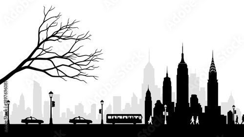 New York City Skyline Silhouette with Bare Tree and City Life