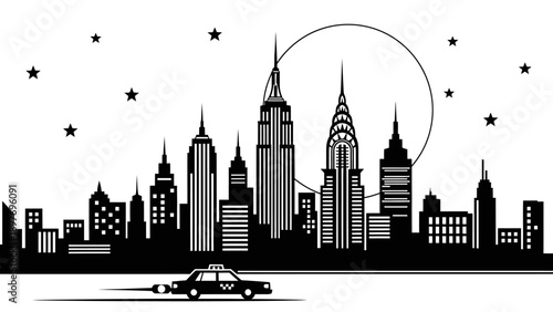 New York City Skyline Silhouette with Taxi and Moon