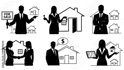 Real Estate Agents Silhouettes Showcasing Houses and Transactions