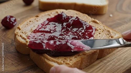 Spreading jelly on peanut butter toast