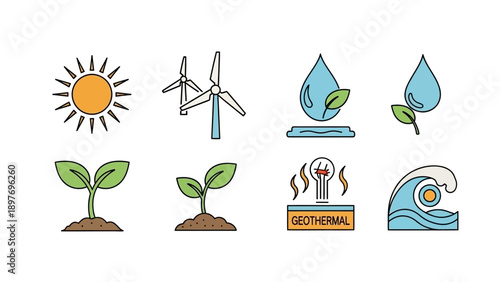 Renewable Energy Icons: Sun, Wind, Water, Geothermal, Plants, Waves