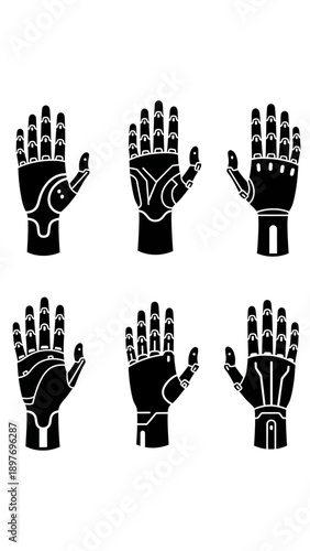 Robotic Hands Icons Set, Futuristic Prosthetic Limbs, Cyborg Technology, Black and White