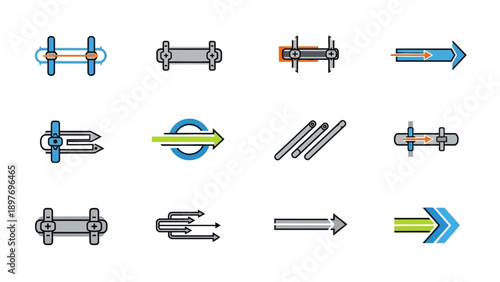 Set of Arrow Icons with Arrows and Gears, Technology and Progress Concepts