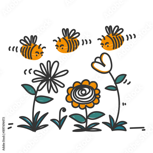 hand drawn doodle flower and bee illustration in cute design style